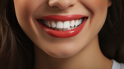 Close-up of a woman's smile, highlighting her shining white teeth.