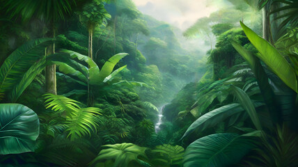 Tropical rainforest - 3d render of a forest with fog