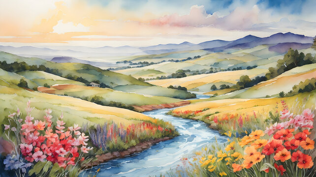Watercolor painting of summer landscape with wildflowers and river