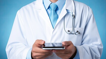 Doctor using digital tablet, modern technology in medicine and healthcare concept on blue background