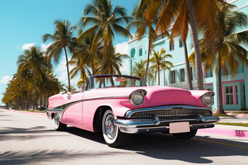 Pink convertible from the 70s in an avenue of palm trees. - obrazy, fototapety, plakaty