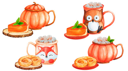 Set of beautiful mugs and pastries for autumn mood. Hot drink with marshmallows. Autumn decor, cozy home. Watercolor composition for design. Harvest Festival, Thanksgiving..