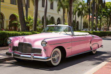 Pink convertible from the 70s in an avenue of palm trees. - obrazy, fototapety, plakaty