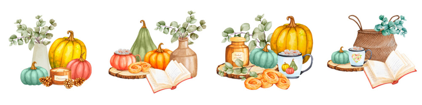 Set of autumn compositions with pumpkins, eucalyptus, candles, cocoa and books. Autumn mood, Cozy home, Thanksgiving, Harvest festival. Hand-painted watercolor for posters, notices, advertising, etc.