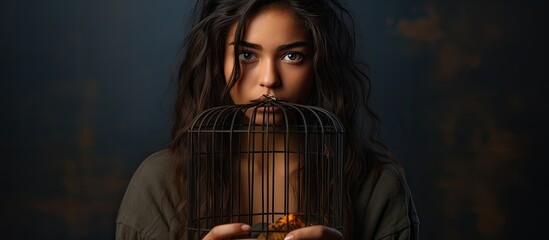 Woman holds cage sadly and hopelessly With copyspace for text - obrazy, fototapety, plakaty