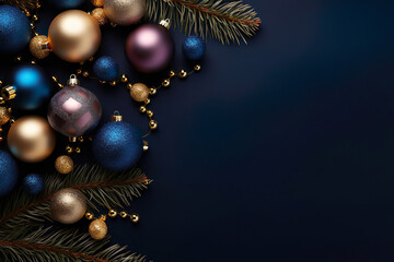 Fototapeta na wymiar dark blue and golden christmas balls with fir tree branches on dark blue ground with space for text, christmas background