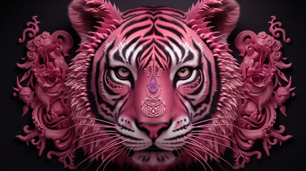 Close-up portrait of a tiger with a pink ornament around its head on a black background, generative AI