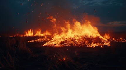 A fire in the steppe, burning grass, destroying everything in its path