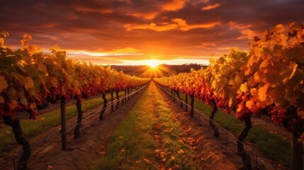 Fototapeta premium vineyard in the sunset. Generative AI 