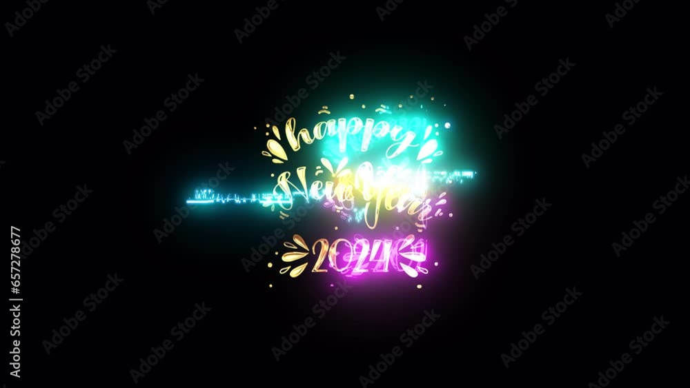 Poster 2024 happy new year golden text with light motion glitch cyber punk effect animation abstract backgr