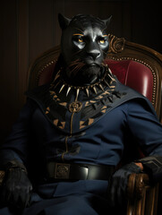 Portrait of a black panther in a historical costume of a count, sitting on a chair