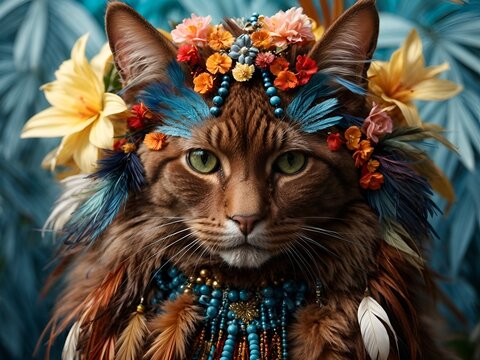 Gato adulto marrom com cara de s&eacute;rio e bravo contrastando com adornos de flores coloridas e delicadas laranja e azul