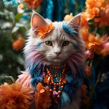 Gatinha filhote branca com cara de s&eacute;ria e brava contrastando com adornos de flores coloridas e delicadas laranja e azul e tons de pelo rosados
