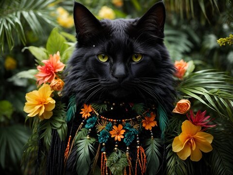 Gato adulto preto com cara de s&eacute;rio e bravo contrastando com adornos de flores coloridas e delicadas laranja