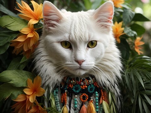 Gato adulto branco com cara de s&eacute;rio e bravo contrastando com adornos de flores coloridas e delicadas laranja
