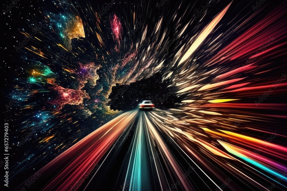 Poster abstract image of speed motion on the road with stars and nebula