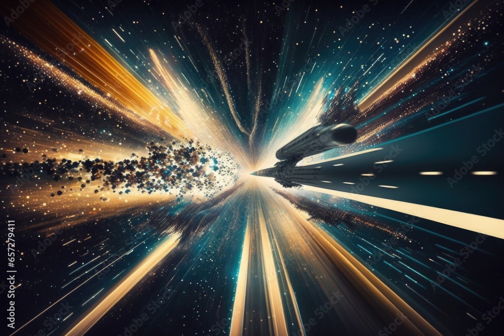 Poster abstract background with spaceship flying in the sky