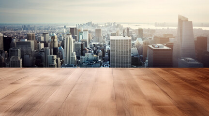 Wooden floor against view of city skyline highrise buildings during sunny day. High quality photo