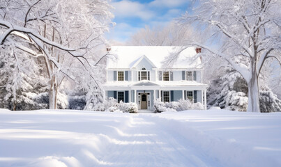 Extensive residence with numerous peaked roofs situated amidst a dense forest, encircled by snowfall under an overcast sky.