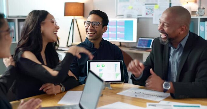 High five, success and business team in a meeting planning, celebrate and winning together in an office for strategy. Support, collaboration and teamwork by employees with achievement and applause