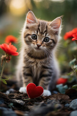 Charming kitten with small red heart in garden