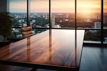 Wooden table and chair in modern office room with panoramic city view and sunset background. High quality photo