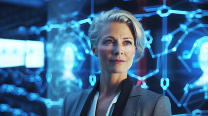 Obraz premium Middle-aged businesswoman against the background of screen hologram. Future technology, cybersecurity. Banner.