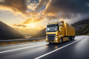 Fototapeta premium In the logistics industry, a massive cargo truck speeds along a desert highway, hauling freight under a vibrant sunset, symbolizing efficient transportation and supply chain management.