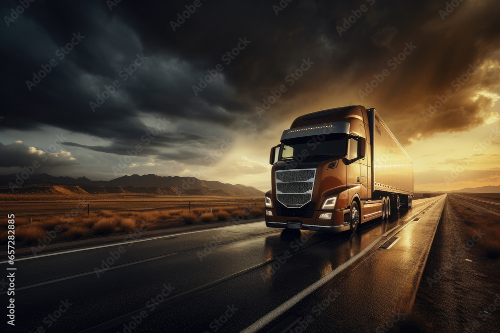 Wall mural in the logistics industry, a massive cargo truck speeds along a desert highway, hauling freight unde