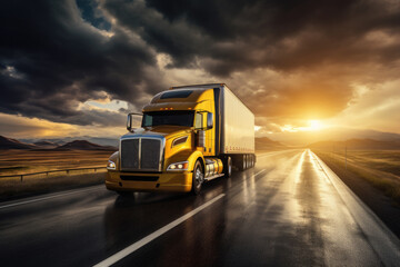 Fototapeta na wymiar In the logistics industry, a massive cargo truck speeds along a desert highway, hauling freight under a vibrant sunset, symbolizing efficient transportation and supply chain management.