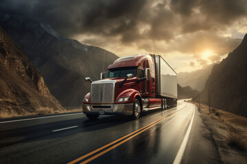 In the logistics industry, a massive cargo truck speeds along a desert highway, hauling freight under a vibrant sunset, symbolizing efficient transportation and supply chain management.