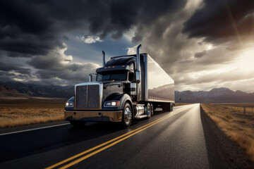 In the logistics industry, a massive cargo truck speeds along a desert highway, hauling freight under a vibrant sunset, symbolizing efficient transportation and supply chain management.