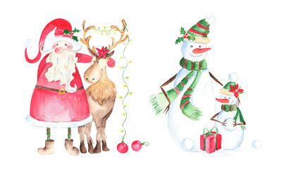 Set of two Christmas illustrations with cute snowman family and Santa Claus with a reindeer. Hand drawn watercolor illustrations isolated on white background. Good for Christmas cards and New Year's