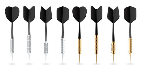 Black dart arrows with metal tip and shadow. Dart throwing sport game, dartboard equipment. Vector illustration