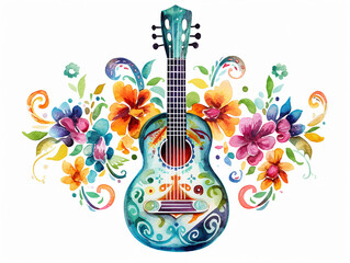 Watercolor guitar with flowers on white background - obrazy, fototapety, plakaty