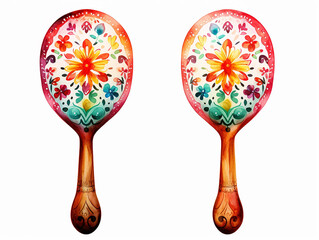 Isolated watercolor illustration of ornate mexican maracas on white background