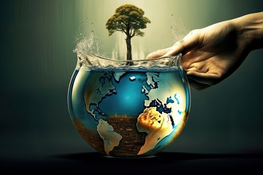 Concept, saving water, saving the planet. Hand trying to close a water sphere containing the continents. Giant tree on top, symbol of ecology and environment. 