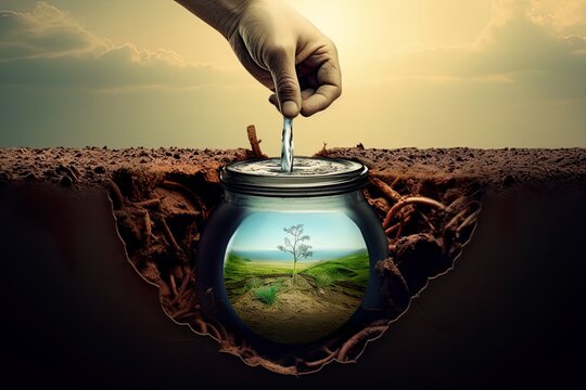 Concept, saving water, saving the planet. Hand pouring water through fingers in a jar. Jar containing a green lush agriculture, fields. Jar buried in dry dirt, earth. Jar showing the future or past.