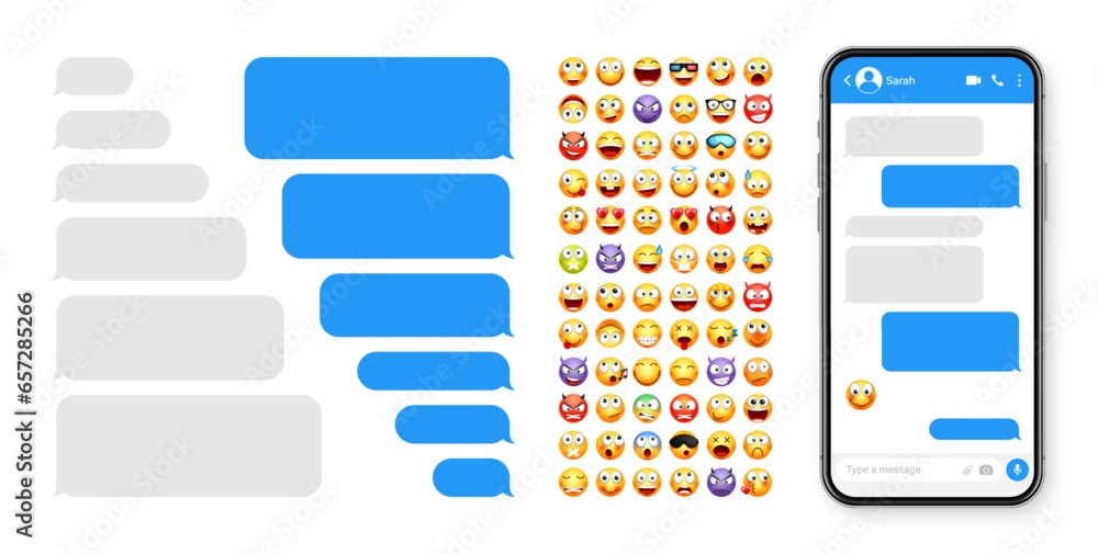 Fototapete smartphone messaging app, user interface design with emoji. sms text frame. chat screen with blue me