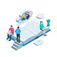 isometric reading people on a large open book, in color on a white background, reading in the library or studying