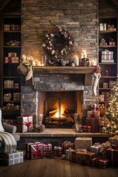 Cozy Living Room With Christmas Tree, Stockings, And Fire Crackling.