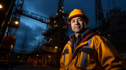 Low angle portrait of a man, oil rig worker in industrial plant. At night. - obrazy, fototapety, plakaty