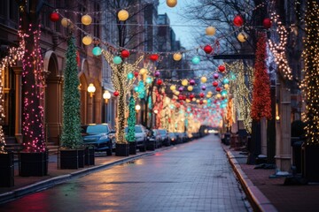 Fototapeta na wymiar Colorful Christmas lights and decorations on a city street