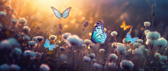 Beautiful blue butterfly on golde and purple flower buds on a soft blurred blue background. Soft romantic dreamy artistic image, beautiful round bokeh. - obrazy, fototapety, plakaty