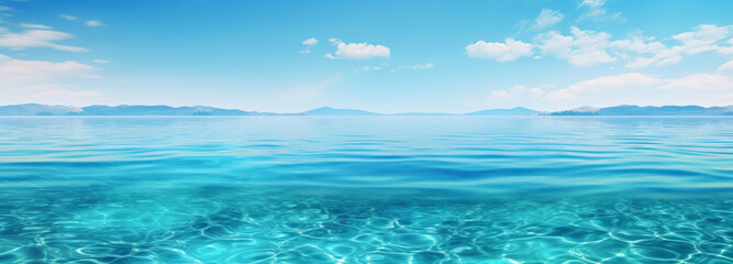 Obraz premium Boat in turquoise ocean sea against blue sky with white clouds and tropical island. Natural tropical landscape for summer vacation, panoramic view.