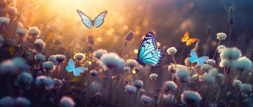 Fototapeta Beautiful blue butterfly on golde and purple flower buds on a soft blurred blue background. Soft romantic dreamy artistic image, beautiful round bokeh.