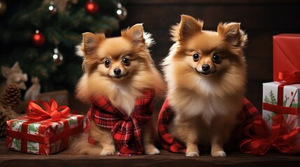 Fototapeta na wymiar Adorable pets in festive outfits with Christmas presents