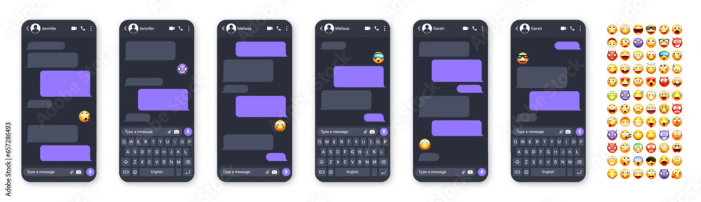 Poster smartphone messaging app, user interface with emoji. sms text frame. chat screen, violet message bub