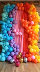 Fototapeta na wymiar Vibrant rainbow balloon backdrop with tassels
