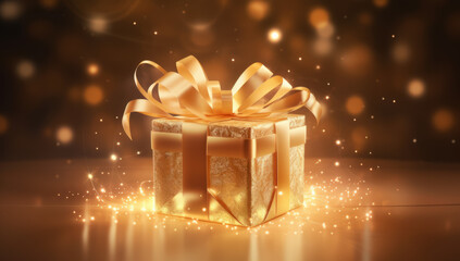 Photo of glowing golden gift boxes with golden ribbon bow tag and golden confetti on isolated black background with blank space. New year. Birthday christmas.